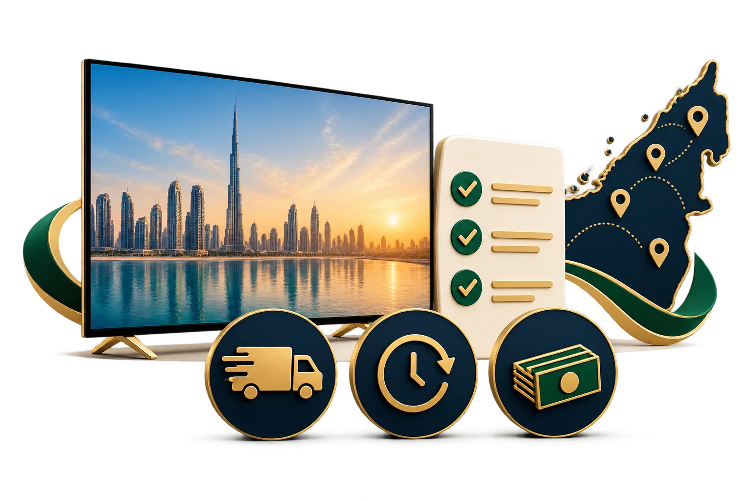 Illustration of a television, checklist, UAE map and collection service symbols