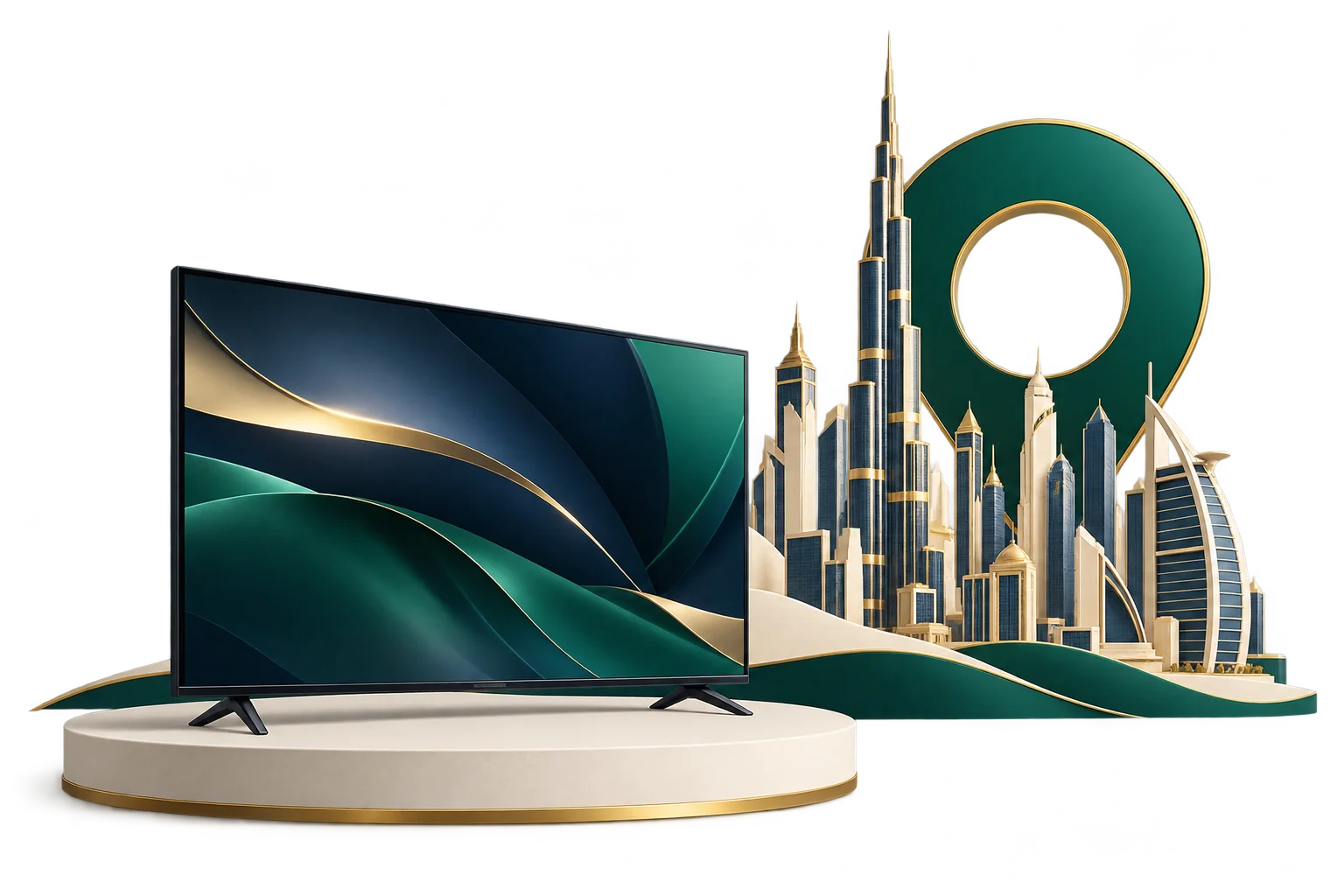 Illustration of a television with an abstract Dubai skyline and location marker