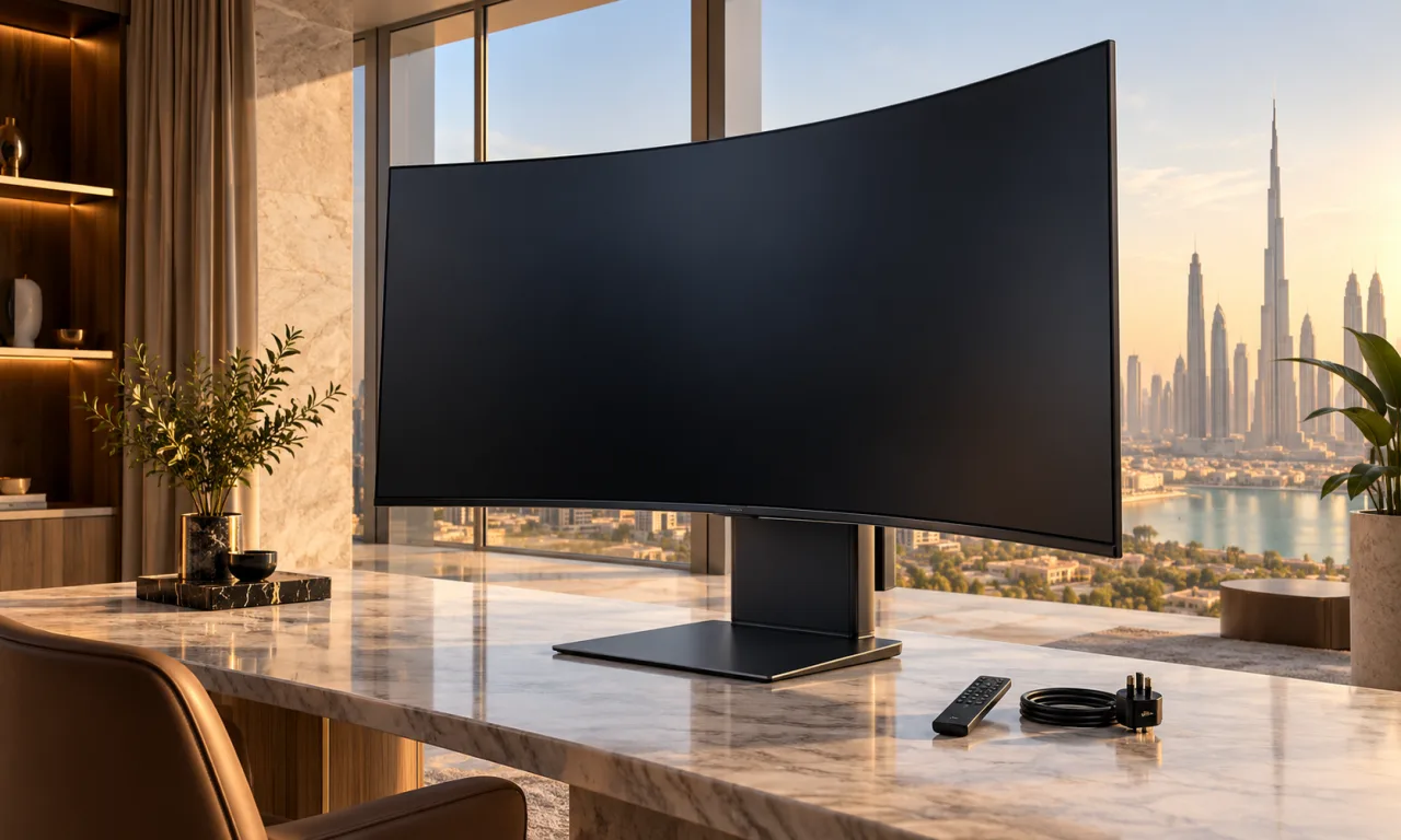 Large curved monitor with stand, remote and power cable