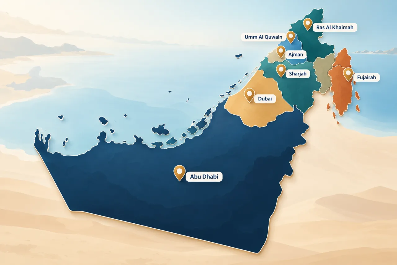 Map of the seven UAE emirates with location markers